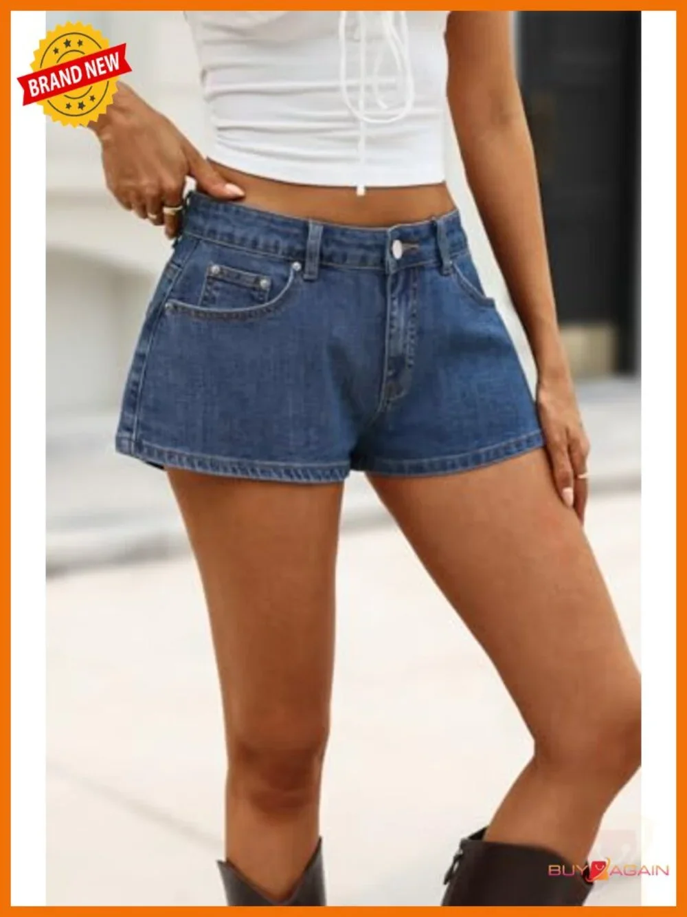 Low Rise Baggy Jean Shorts - High Stretch Denim Mini Jorts with Leather Patch